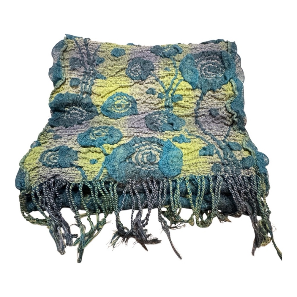 Unique Floral Scarf in Blues & Greens, Textured Flowers with Fringe - Picture 4 of 12
